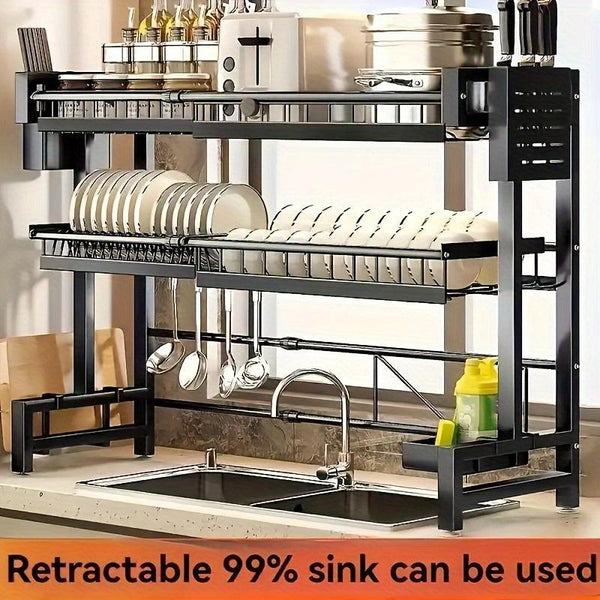 1pc Expandable Countertop Dish Rack Organizer - Space-Saving Kitchen Sink Shelf with Drainage Function, Black - Easy Assembly, Compact Storage, and Durable Construction for Home and Restaurant Use Fourth Fusion