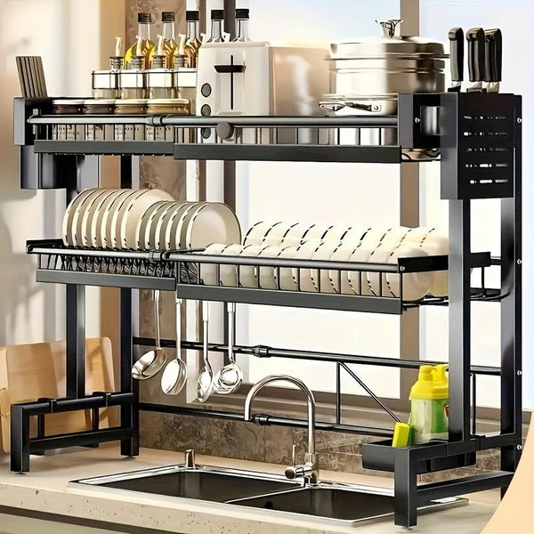 1pc Expandable Countertop Dish Rack Organizer - Space-Saving Kitchen Sink Shelf with Drainage Function, Black - Easy Assembly, Compact Storage, and Durable Construction for Home and Restaurant Use Fourth Fusion