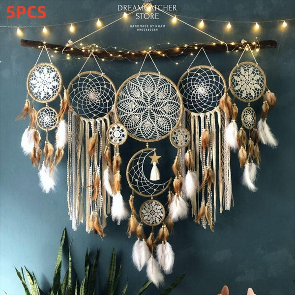 5 Pack Large Size Dream Catcher - Handmade Moon-Inspired Bohemian Wall Decoration with Sun and Sweet Dream Bed Decor - Camel Color, Unique Home Decor Accent Fourth Fusion