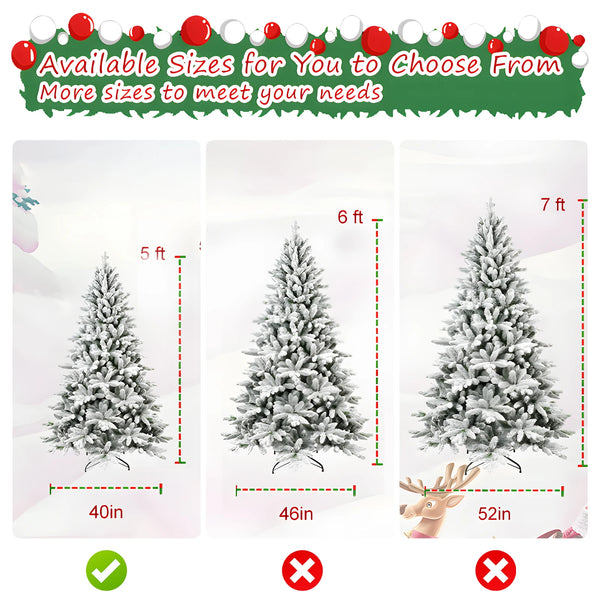 5/6/7FT Pre-lit Artificial Christmas Tree 1514 Branch Tips Automatic Open PE/PVC Mixed Flocking Xmas Tree with Metal Stand Base