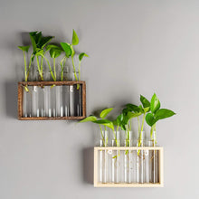 Wall Hanging Glass Planter Plant Terrarium with 5 Test Tube in Wooden Stand Rack for Propagating Hydroponic Flower Bud Vase Home Office Decoration, Brown